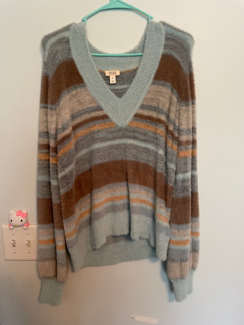 a.n.a Striped V-Neck Fuzzy Sweater in Light Blue, Brown and Cream